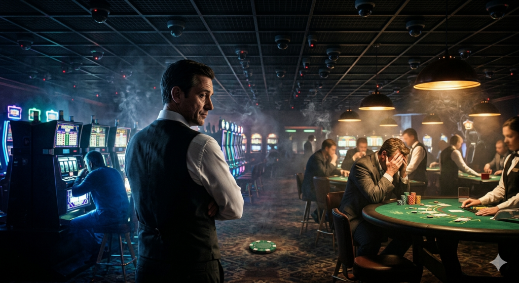23 Jahre Casino Insider - Mitarbeiter beobachtet Spieler an Slots und Blackjack-Tisch unter Ueberwachungskameras im Noir-Stil
