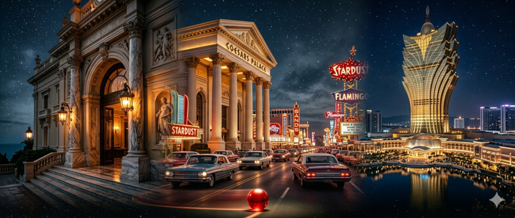 Die beruehmtesten Casinos der Welt - Panorama von Monte Carlo ueber Las Vegas bis Macau im Noir-Stil