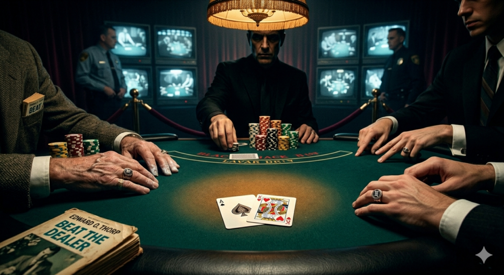 Blackjack Legenden am Spieltisch mit Beat the Dealer Buch und Ueberwachungsmonitoren im Noir-Stil