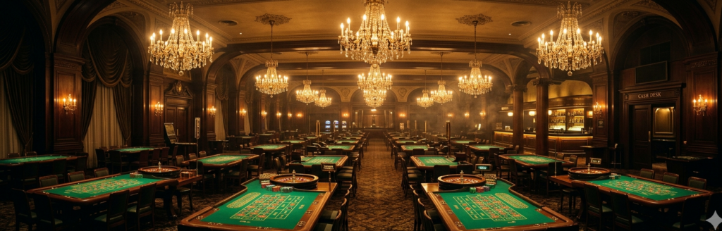 Eleganter Casino-Saal mit Roulette-Tischen und Kronleuchtern - Casino Geschichten