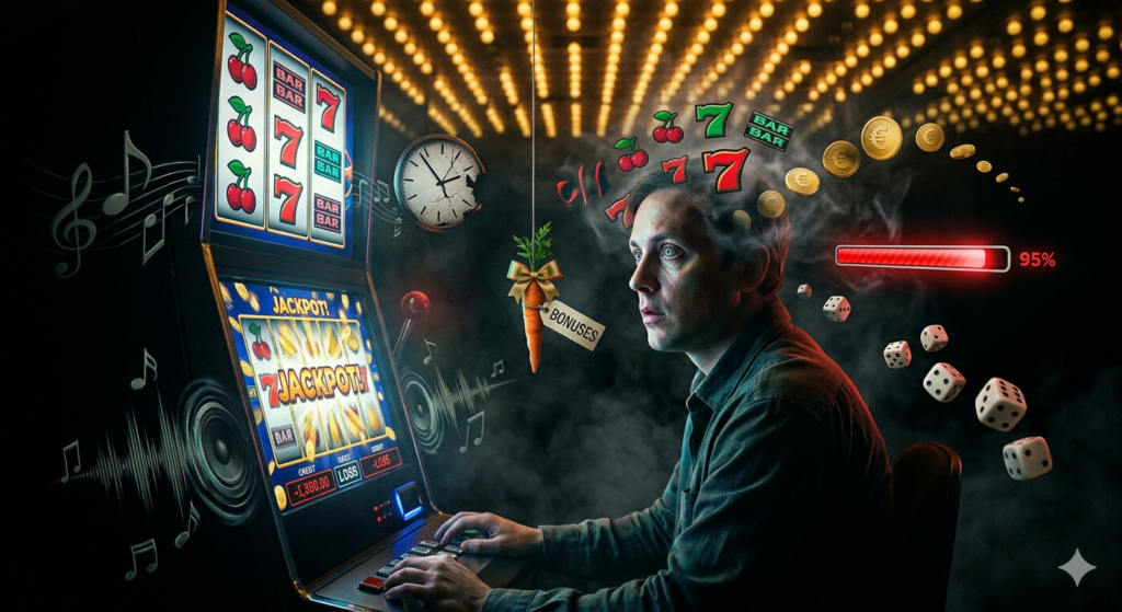Casino Psycho-Tricks - Spieler umgeben von Manipulationselementen wie Near-Miss, Bonuskoeder, Zeitverzerrung und Gamification im Noir-Stil
