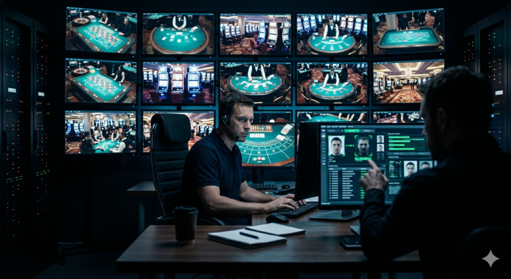 Casino-Ueberwachung Kontrollraum - Operator mit Headset vor Monitorwand mit Live-Kamerafeeds und Gesichtserkennung