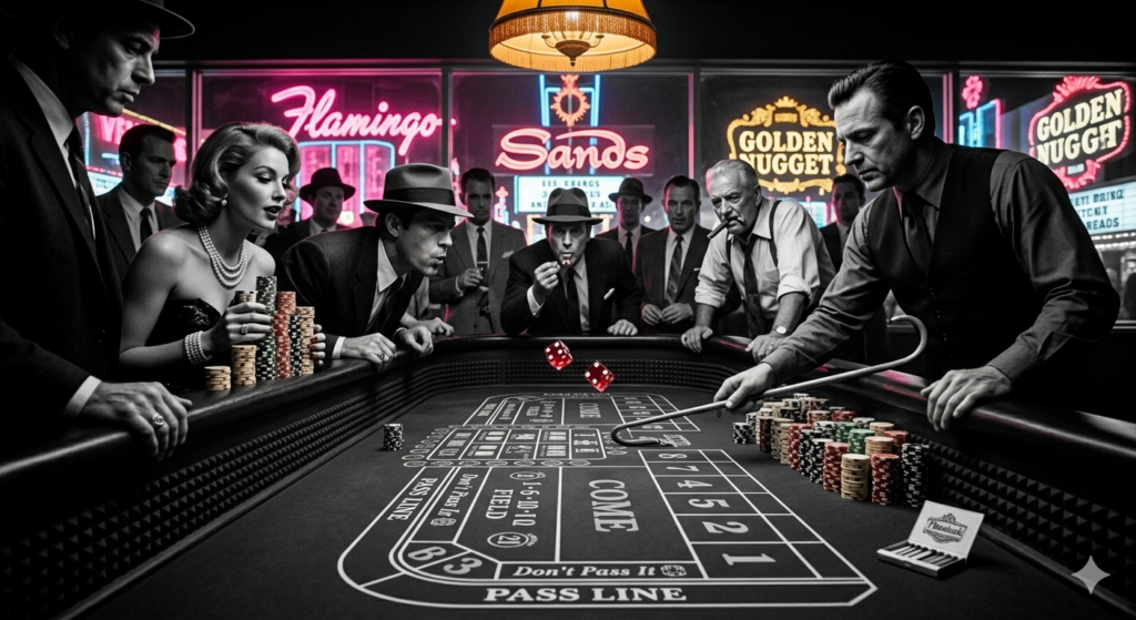 Craps Legenden am Wuerfeltisch im 1950er Las Vegas Noir-Stil mit Neon-Schildern