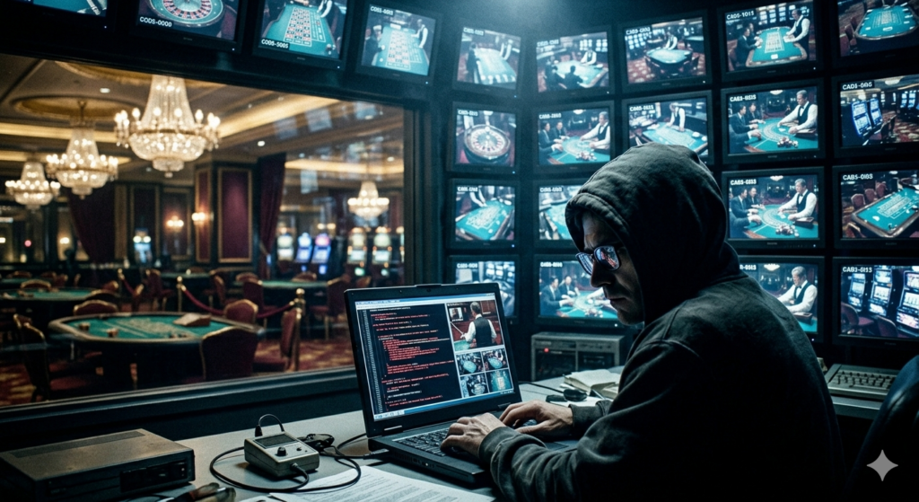 Crown Casino Hack - Hacker vor Ueberwachungsmonitoren im Noir-Stil