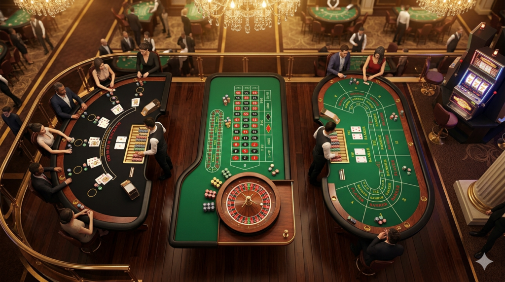 Casino-Spiele im Vergleich: Blackjack, Roulette und Baccarat Tische von oben mit Spielern