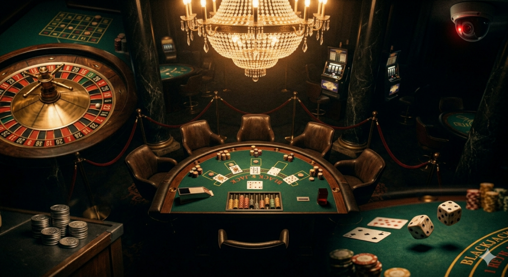 Die groessten Casino-Betruege der Geschichte - Blackjack-Tisch mit Roulette und Ueberwachungskamera im Noir-Stil
