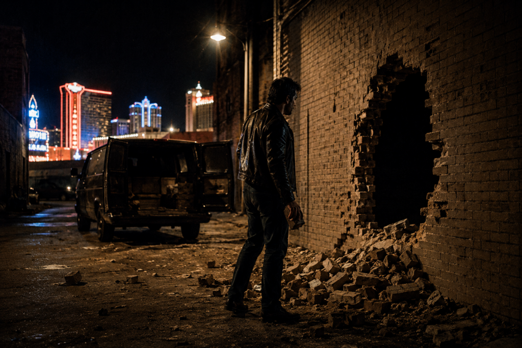 Mann in Lederjacke vor einem Loch in einer Backsteinmauer in einer dunklen Las Vegas Gasse bei Nacht, Casino-Neonlichter im Hintergrund