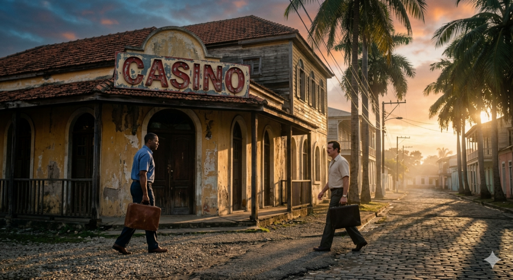 Zwei Männer mit Aktenkoffern laufen von gegenüberliegenden Seiten auf ein altes Karibik-Casino zu bei Sonnenaufgang