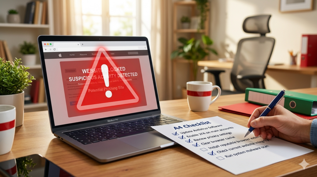 Illegale Online Casinos erkennen: Laptop mit Warnmeldung und Sicherheits-Checkliste