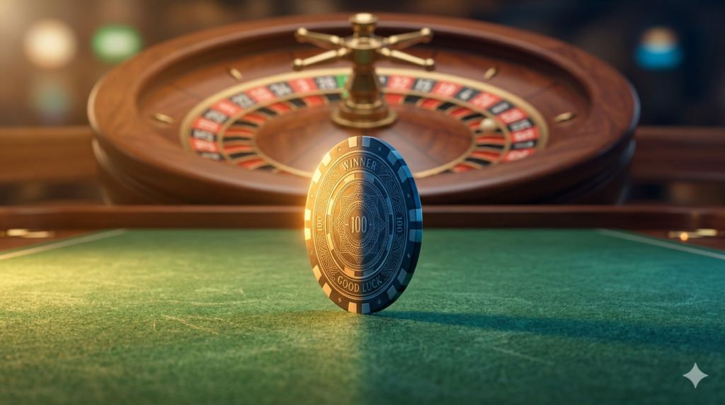 Kann man im Casino gewinnen: Casino-Chip balanciert auf der Kante vor einem Rouletterad