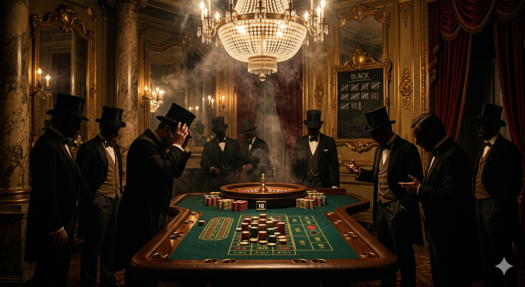 Monte Carlo Irrtum 1913 - Roulette-Tisch im Belle Epoque Casino mit verzweifelten Spielern und Strichliste der Schwarzserie