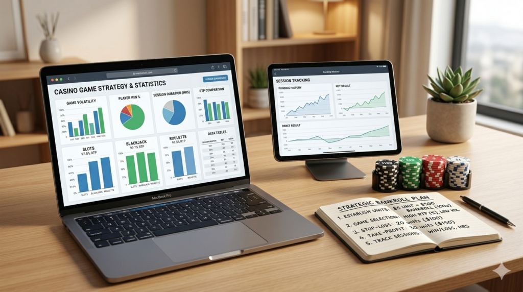 Online Casino Strategie: Laptop mit Spielstatistiken, RTP-Vergleich und strategischem Bankroll-Plan