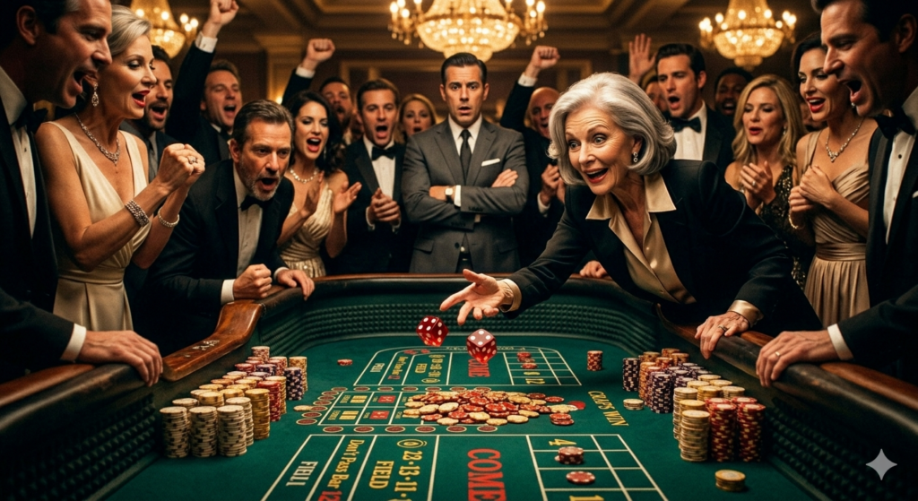 Patricia DeMauro wirft die Wuerfel am Craps-Tisch - 154 Wuerfe Weltrekord im Noir-Stil