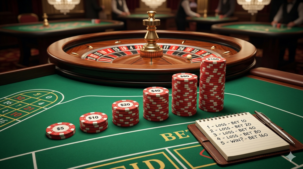 Progressionssysteme im Casino: Martingale-System mit aufsteigenden Chipstapeln am Roulettetisch