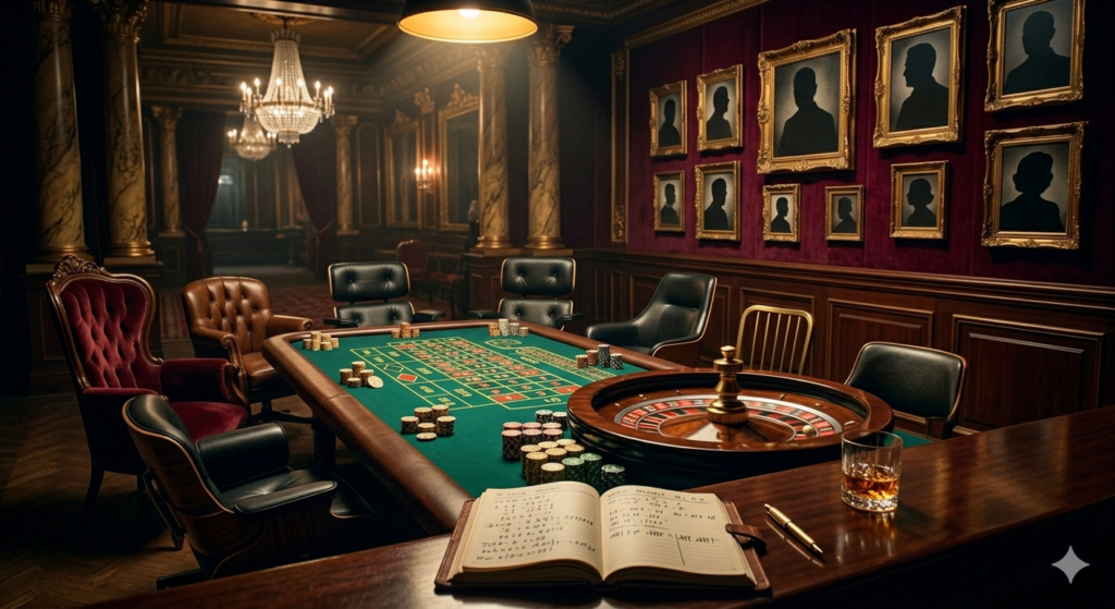 Roulette Legenden Hall of Fame - Silhouetten-Portraits und leere Stuehle am Roulettetisch im Noir-Stil