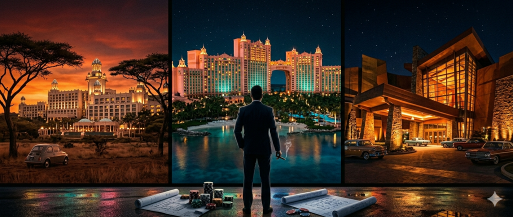 Sol Kerzner Casino-Imperium - Triptychon mit Sun City, Atlantis Bahamas und Mohegan Sun im Noir-Stil