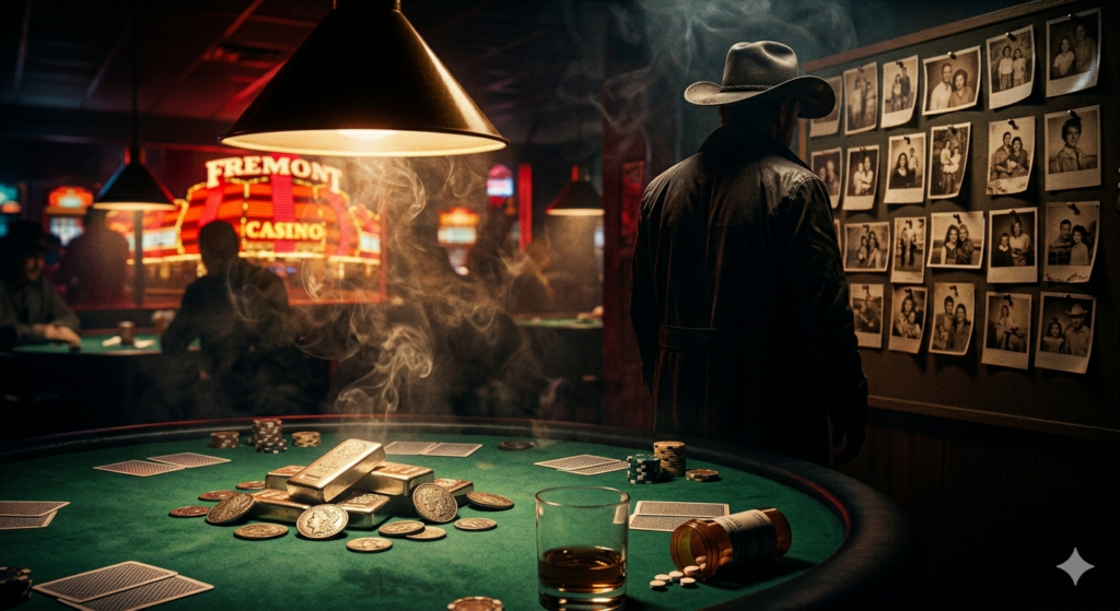 Ted Binion Mord im Casino-Clan - Noir-Szene mit Silberbarren, Cowboyhut und Pokertisch im Stil der Fremont Street Las Vegas