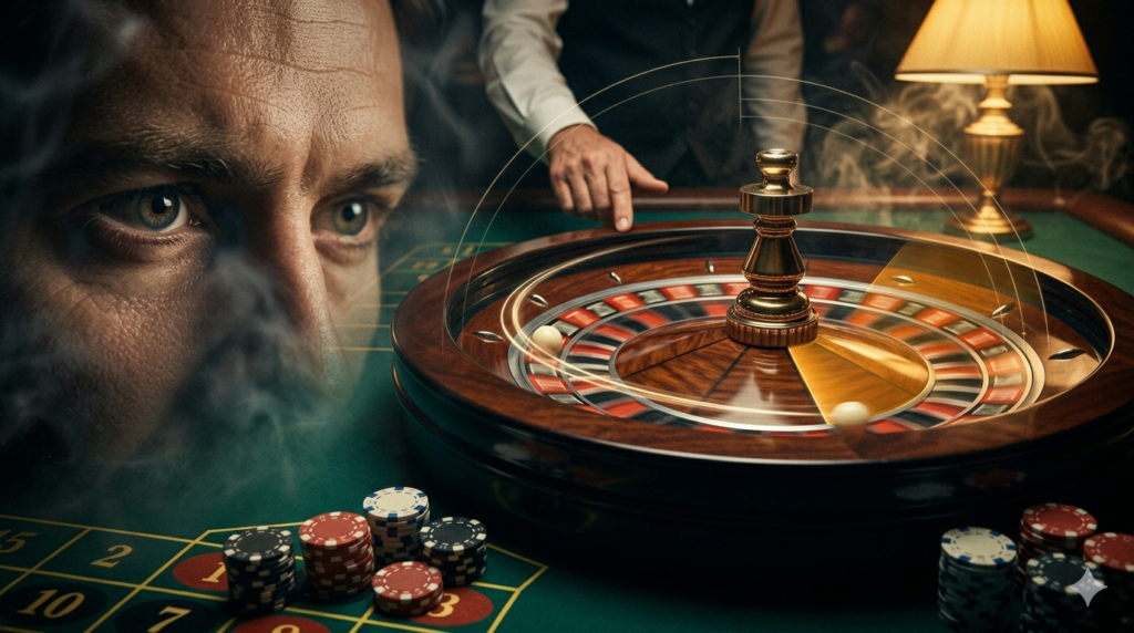 Visuelles Roulette Technik - Spieler beobachtet intensiv die Kugelbahn am Roulette-Rad mit vorhergesagter Landezone im Noir-Stil