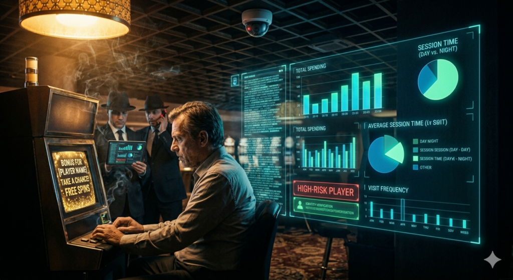 Was Casinos ueber dich wissen - Spieler am Automaten mit holografischem Datenprofil und Beobachtern im Noir-Stil
