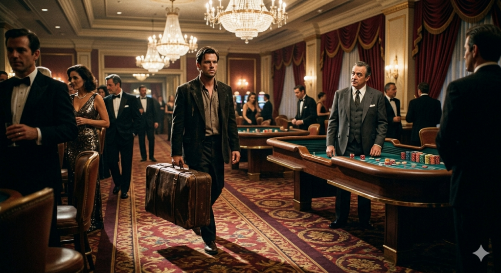 William Lee Bergstrom der Suitcase Man laeuft mit Geldkoffer durch ein Casino im Noir-Stil